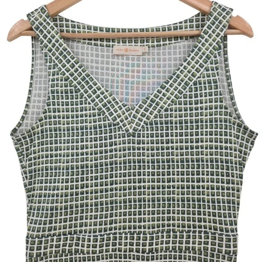 Tory Burch Women S Green White Geometric Print V Neck Sleeveless Silk Midi Dress